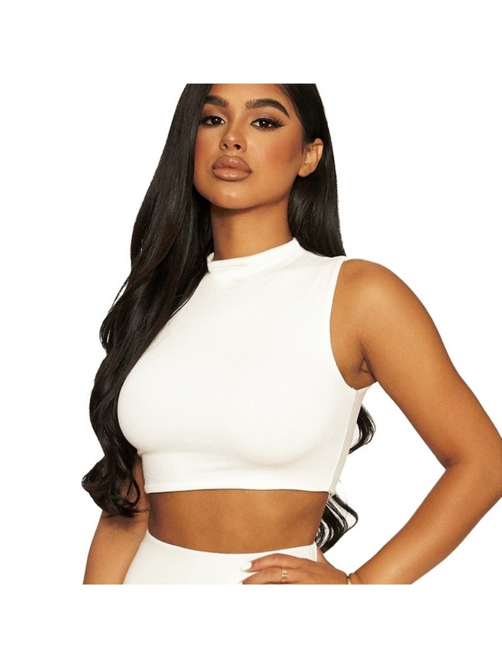 Naked Wardrobe Mock Neck Crop Top white sleeveless cropped high neck